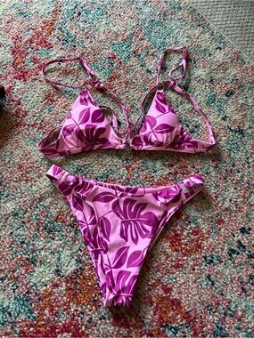 SHEIN Pink Purple Leaf Print Triangle Bikini